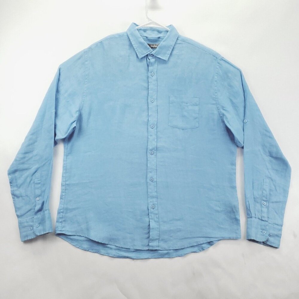 Neiman Marcus Shirt Mens XL Sky Blue 100% Linen Long Sleeve Classic Button-Up